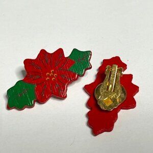 VTG Jeff Lieb Holiday Poinsettia Wooden Clip On Earrings Christmas1.75"x1"